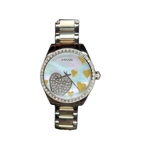 Fossil ES2164 Stella Gold Tone Heart Mother of Pearl Crystal Bezel Watch Tin Lg